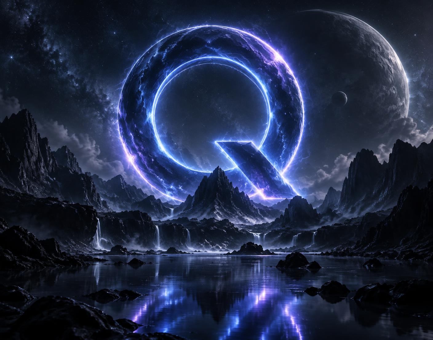 Glowing Q emblem above a dark mountain landscape