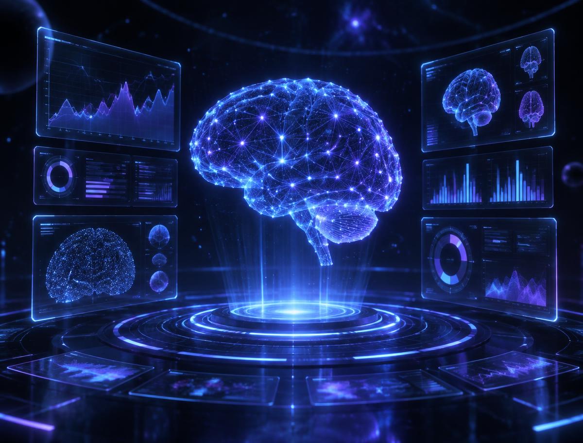 Holographic AI analytics dashboard with a glowing neural brain